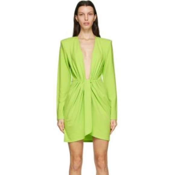 NWT Gauge81 Lime Green Plunge Draped Mini Dress w Strong Shoulder Size M - Picture 4 of 12
